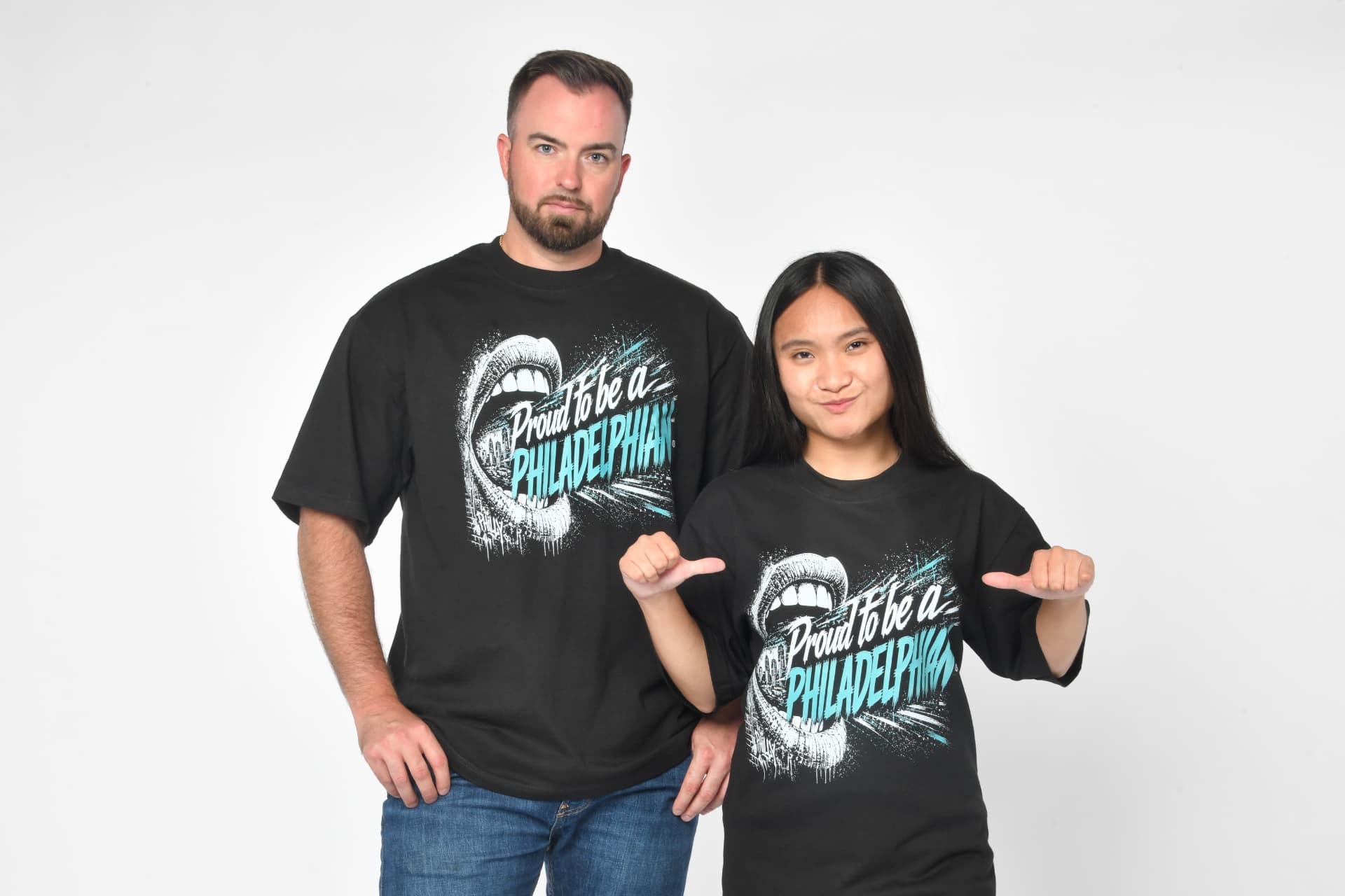 Models wearing the Proud To Be a Philadelphian mouth tee