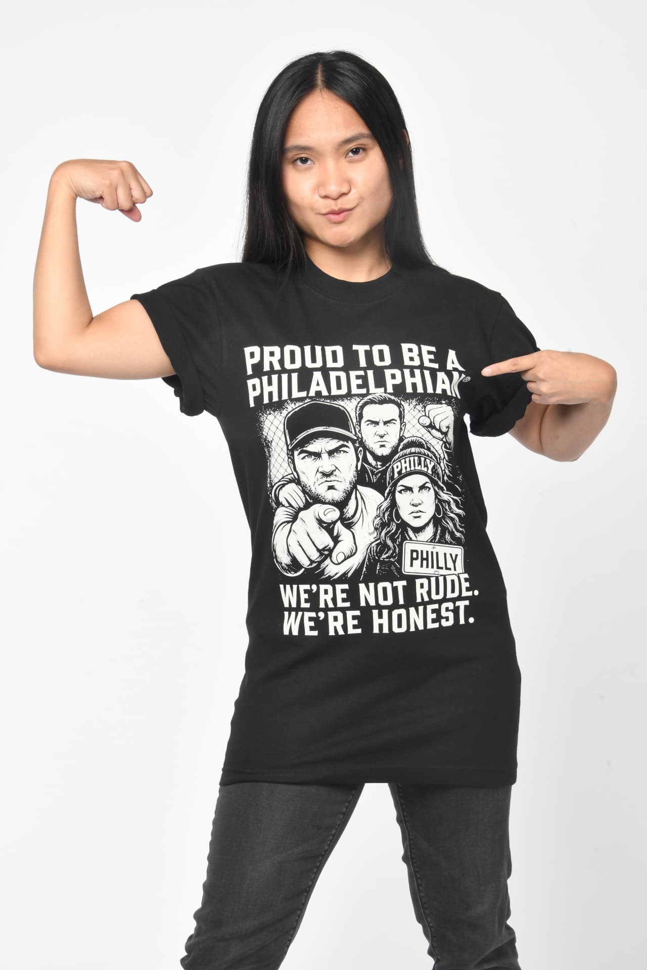 Model wearing the We're Not Rude, We're Honest tee