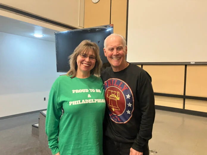 Nick and Cathy Colletta — Cathy in her Proud To Be A Philadelphian green sweatshirt